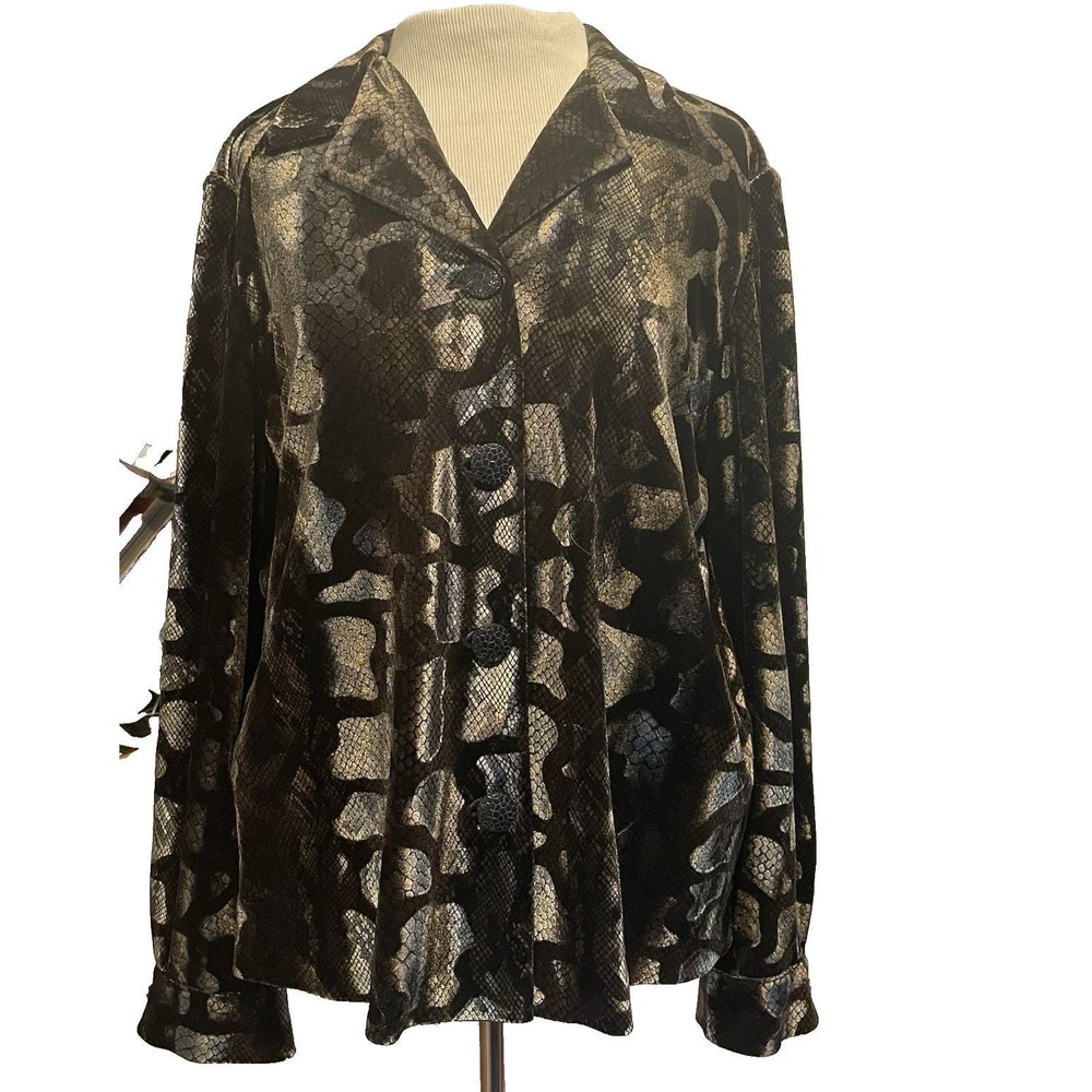 Leslie Fay Top Womens 16P Black Silver Velvet Snakeskin Metallic Vintage Blouse